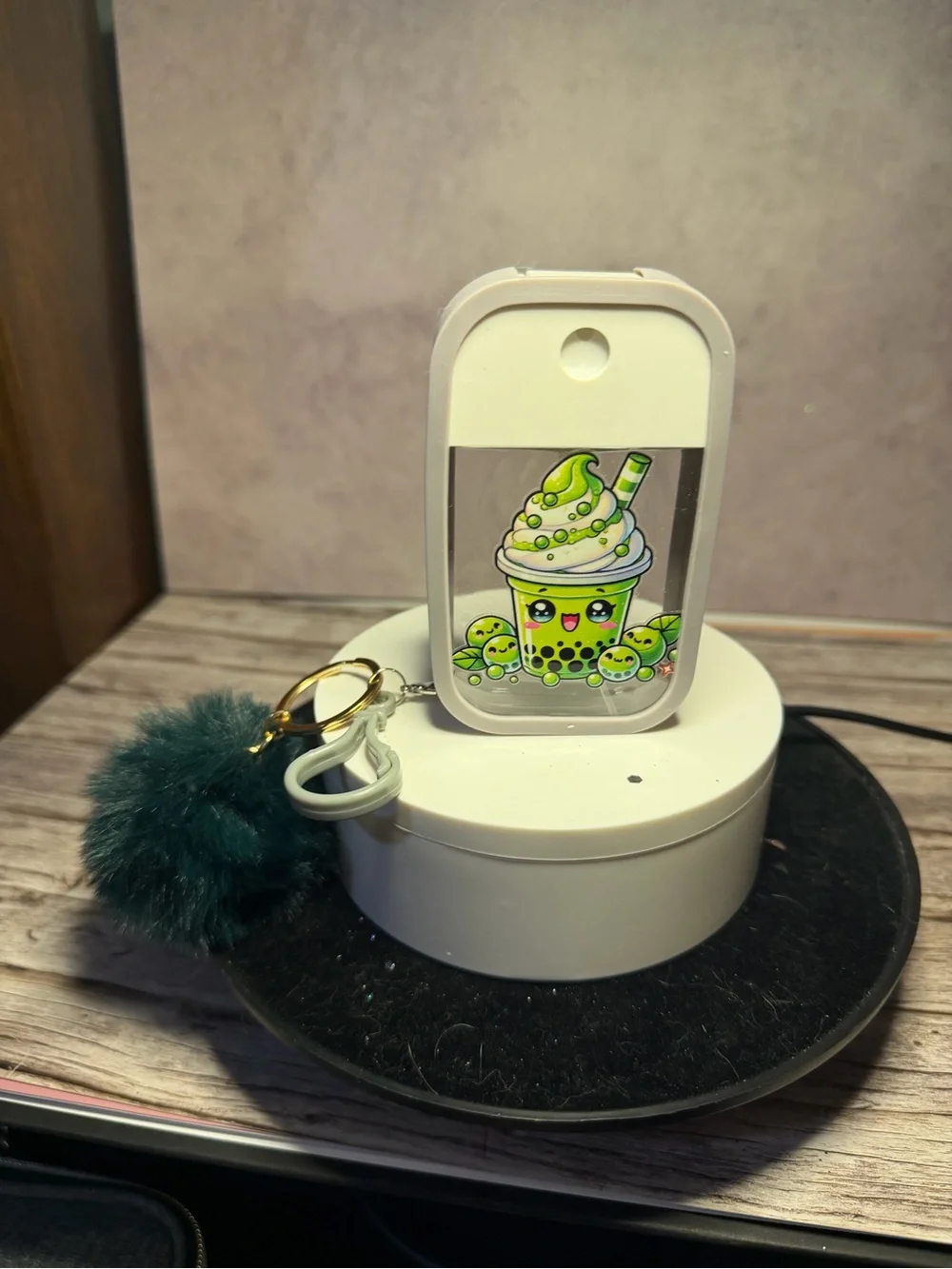 White Portable Keychain Hand Sanitizer Spray with Cute Boba Design